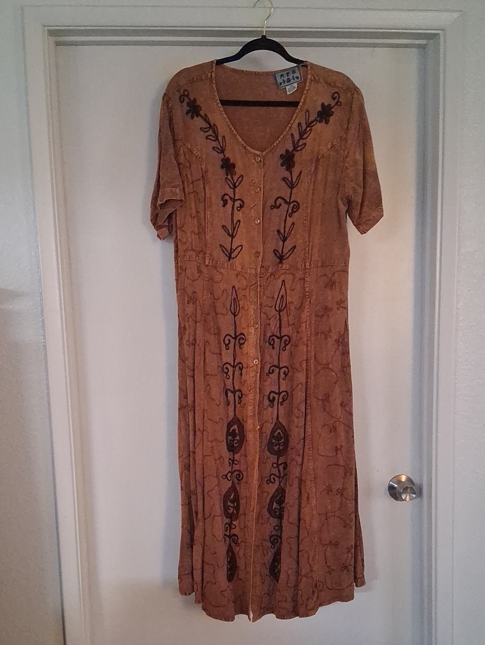 Bohemian Embroidered Button-Front Brown Dress 2X